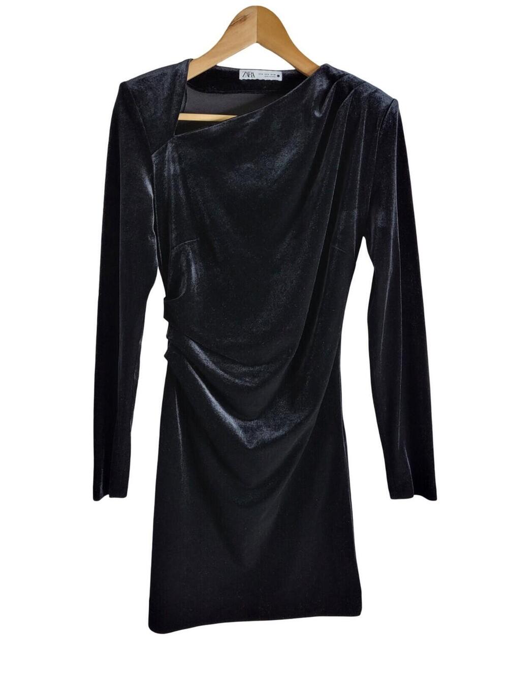 Zara Black Velvet Mini Dress Asymmetrical Neckline With Long Sleeves Size M